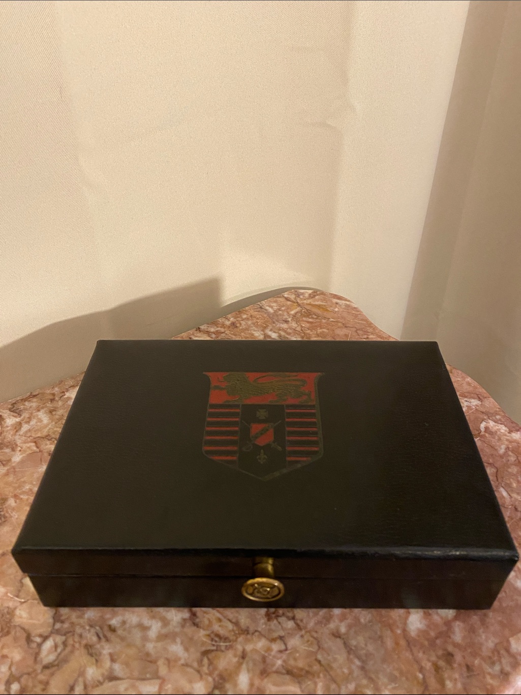Vintage Black Wood Jewelry Box Red Velvet Lined Trinket Box With Crest